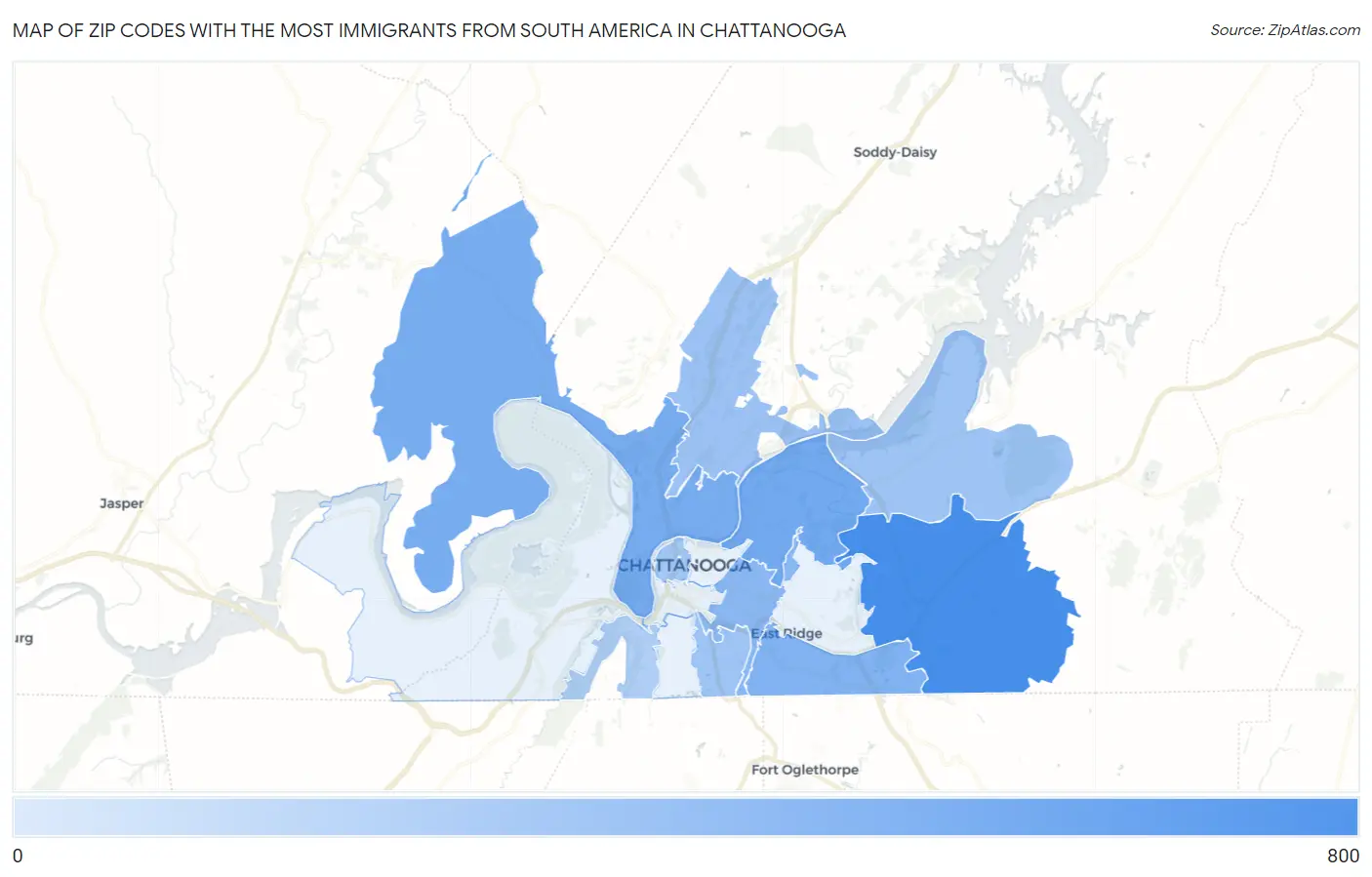 Zip Codes with the Most Immigrants from South America in Chattanooga Map