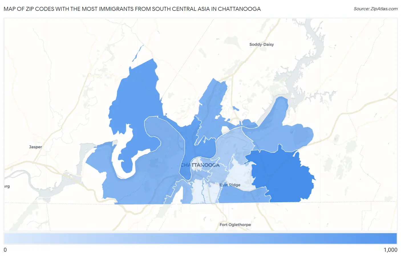 Zip Codes with the Most Immigrants from South Central Asia in Chattanooga Map