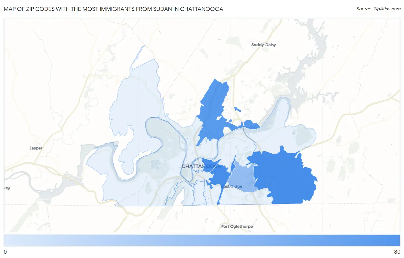 Zip Codes with the Most Immigrants from Sudan in Chattanooga Map