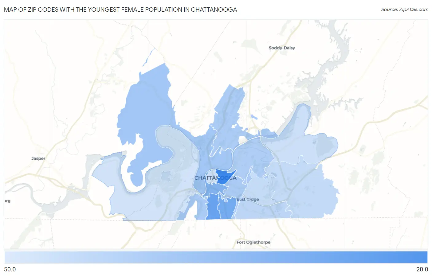 Zip Codes with the Youngest Female Population in Chattanooga Map