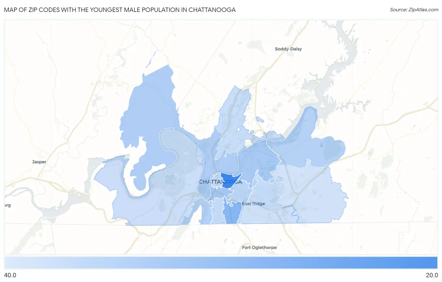 Zip Codes with the Youngest Male Population in Chattanooga Map