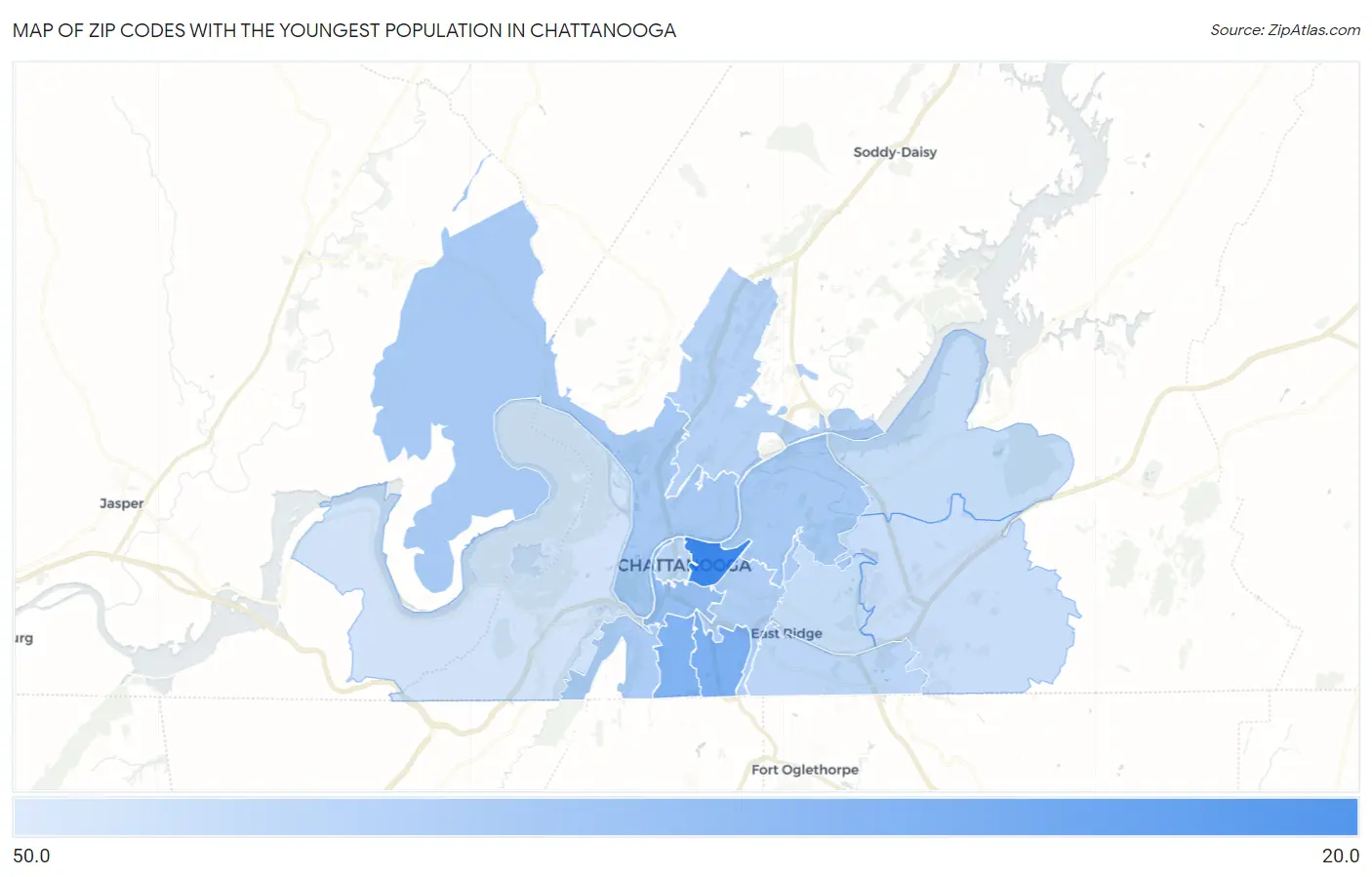 Zip Codes with the Youngest Population in Chattanooga Map