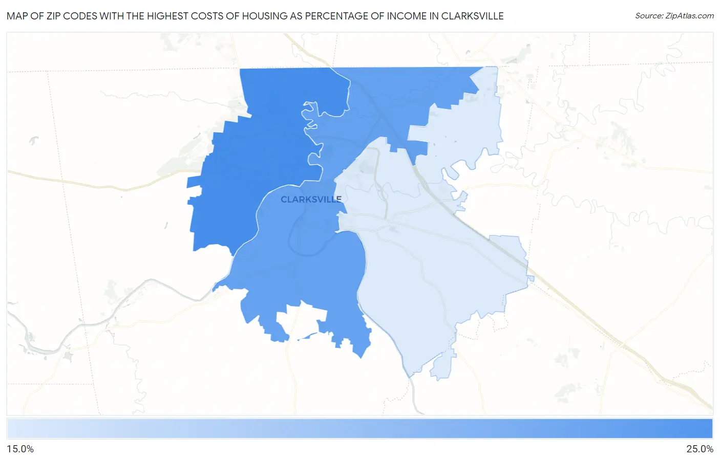 Zip Codes with the Highest Costs of Housing as Percentage of Income in Clarksville Map