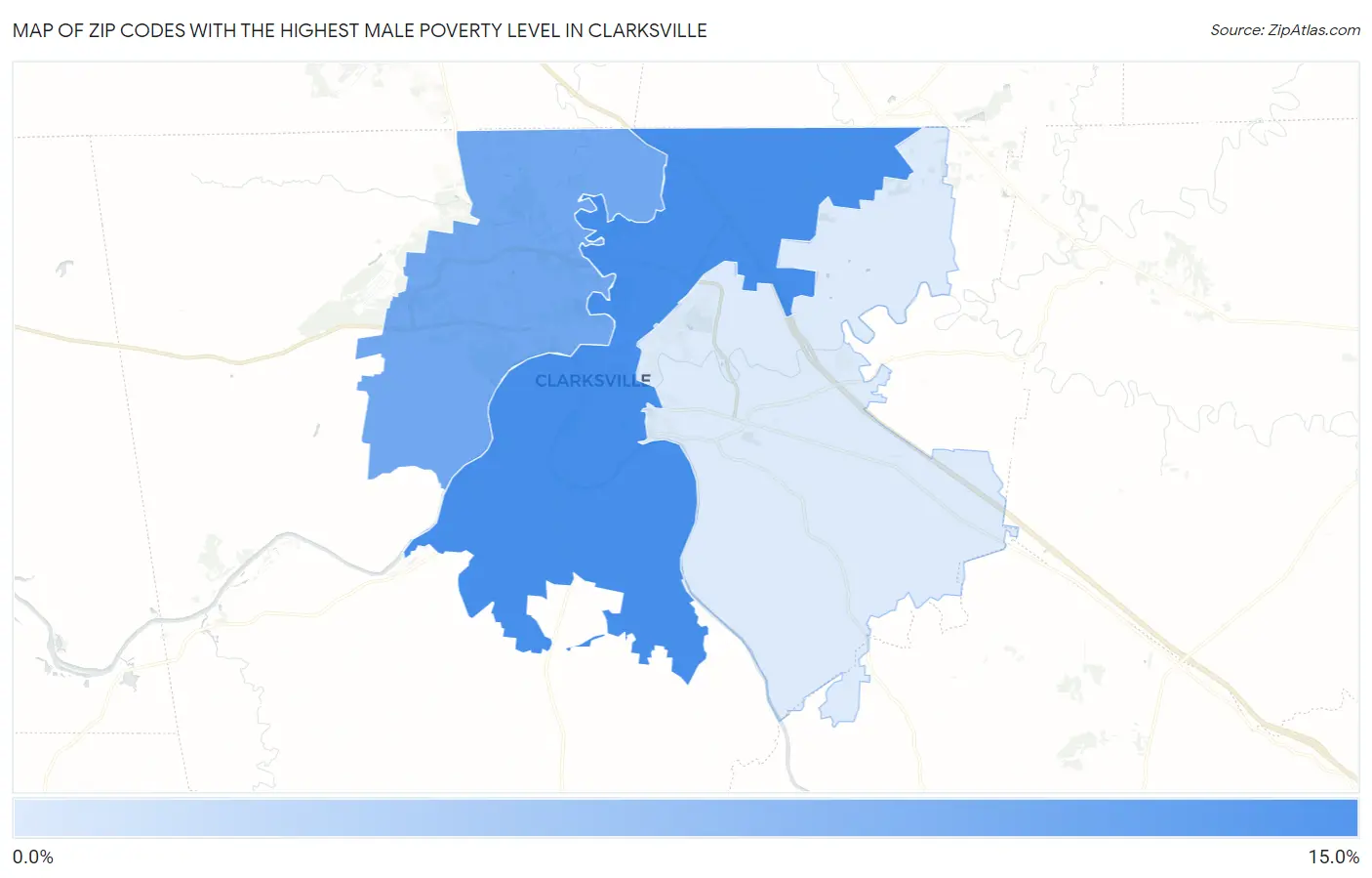 Zip Codes with the Highest Male Poverty Level in Clarksville Map