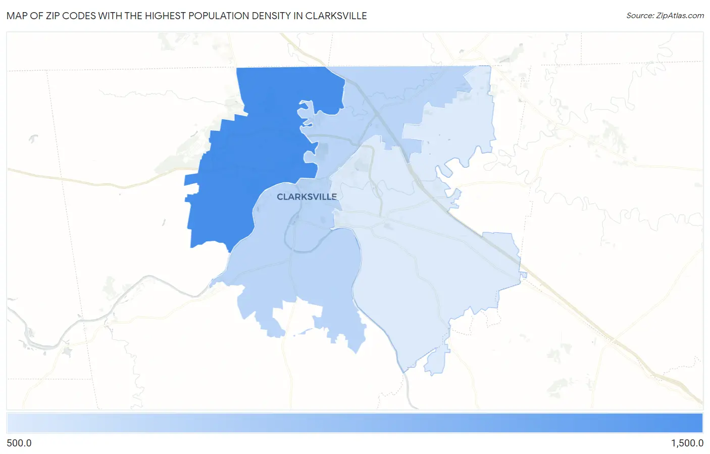 Zip Codes with the Highest Population Density in Clarksville Map