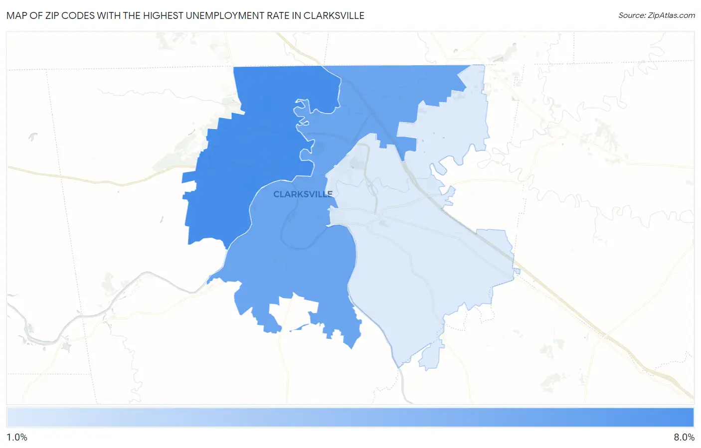 Zip Codes with the Highest Unemployment Rate in Clarksville Map