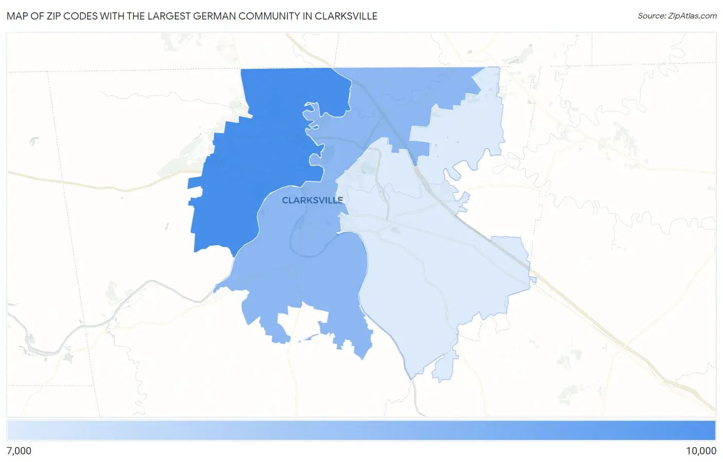 Zip Codes with the Largest German Community in Clarksville Map