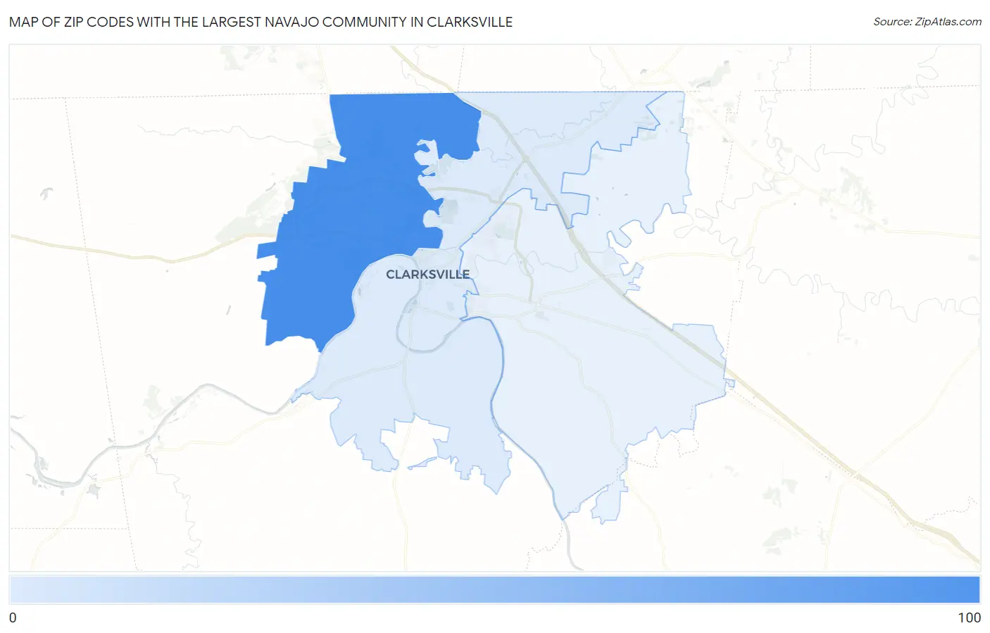 Zip Codes with the Largest Navajo Community in Clarksville Map