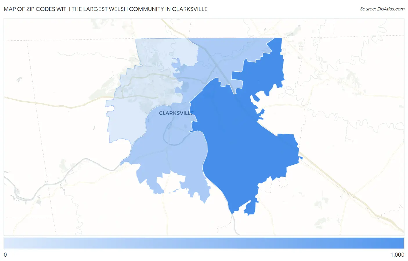 Zip Codes with the Largest Welsh Community in Clarksville Map