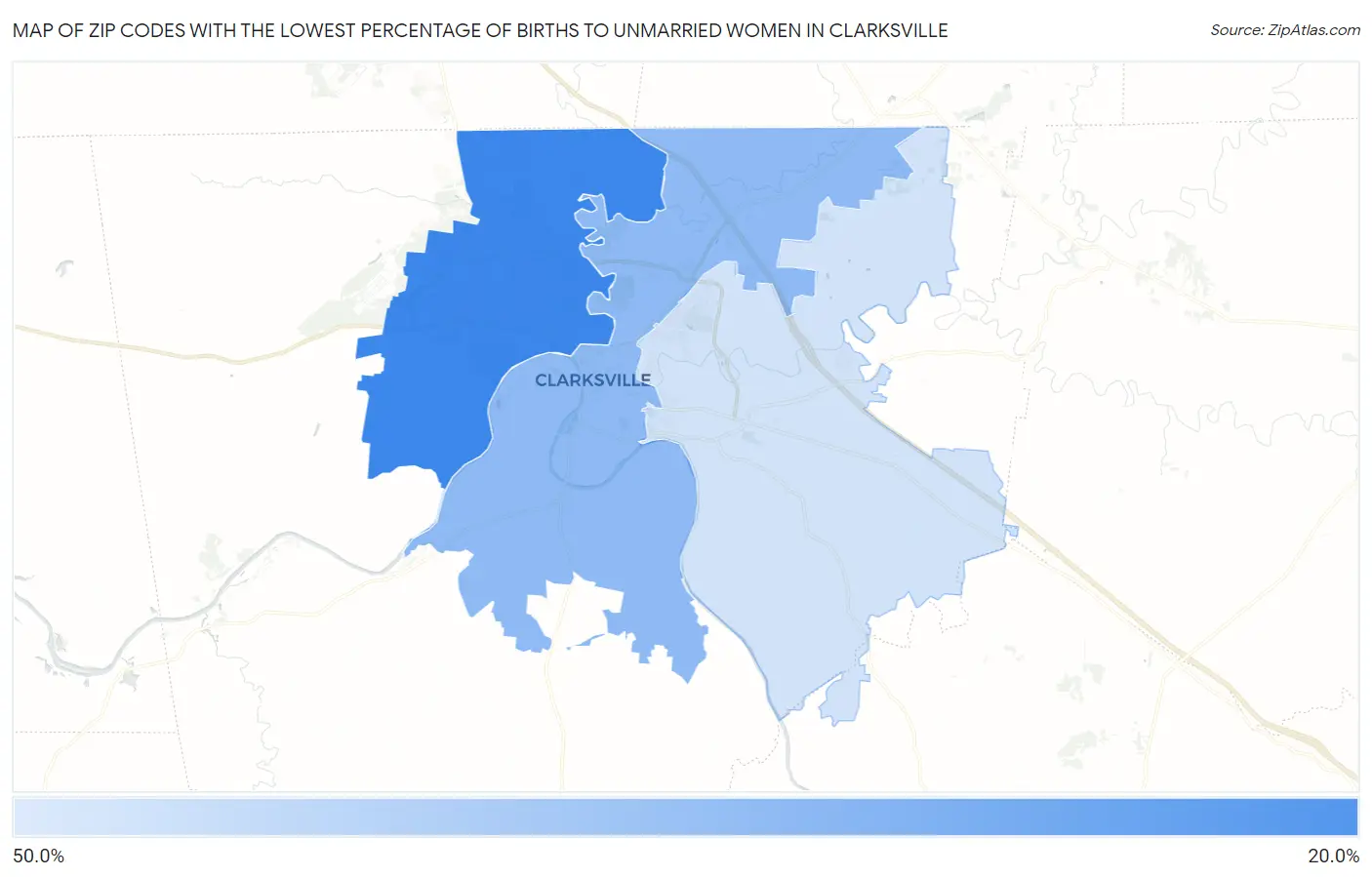Zip Codes with the Lowest Percentage of Births to Unmarried Women in Clarksville Map