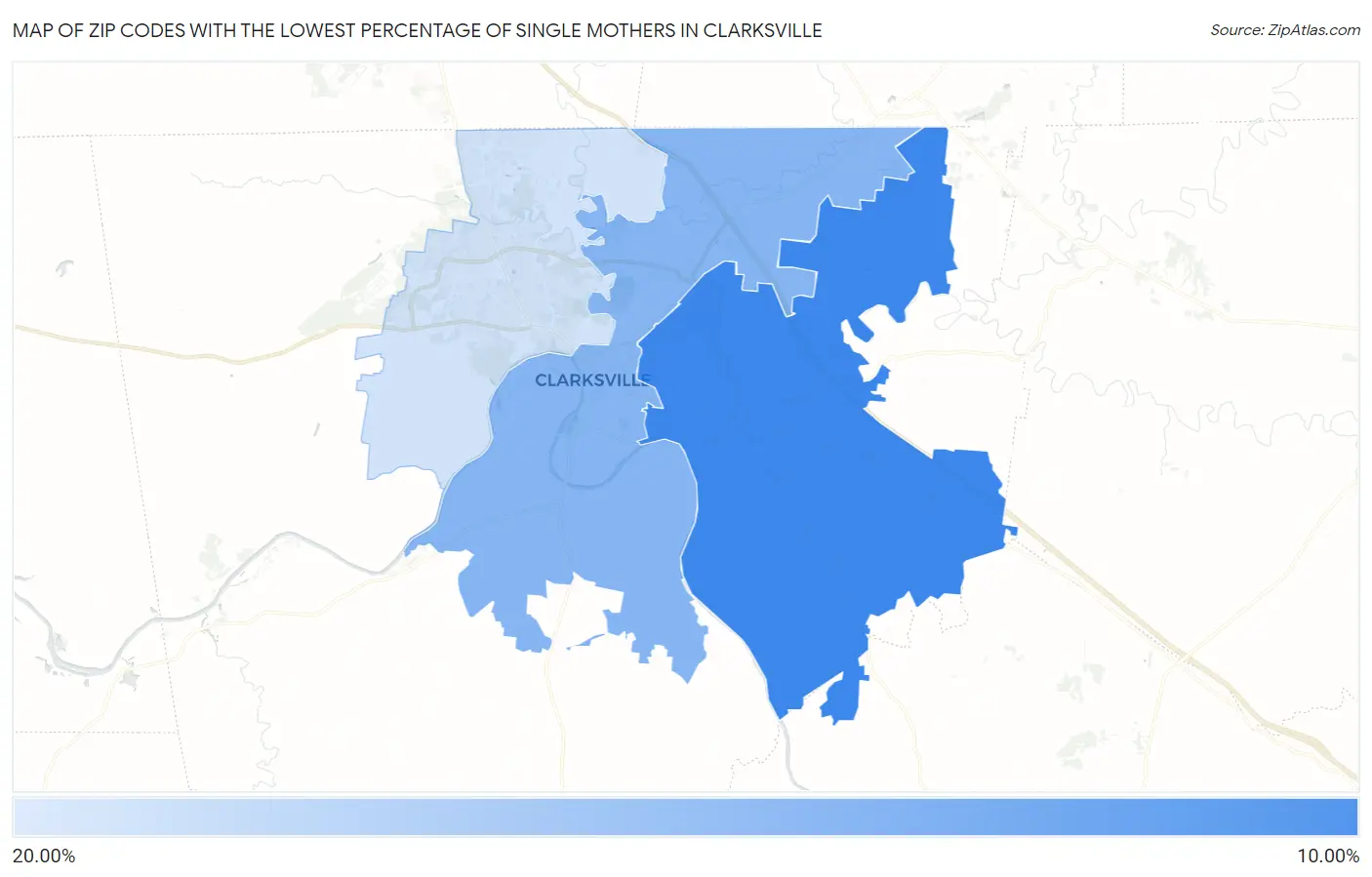 Zip Codes with the Lowest Percentage of Single Mothers in Clarksville Map