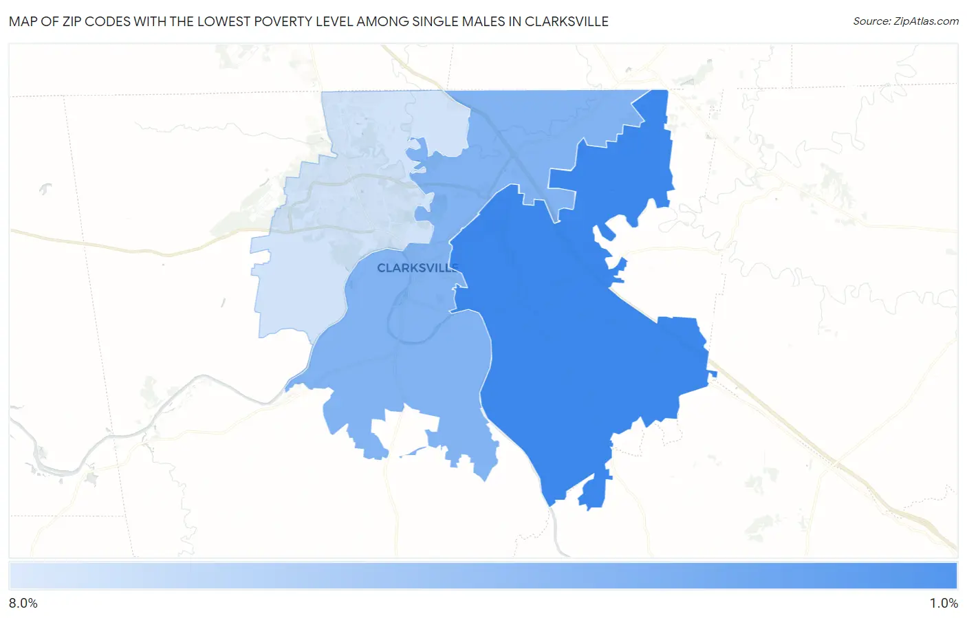 Zip Codes with the Lowest Poverty Level Among Single Males in Clarksville Map