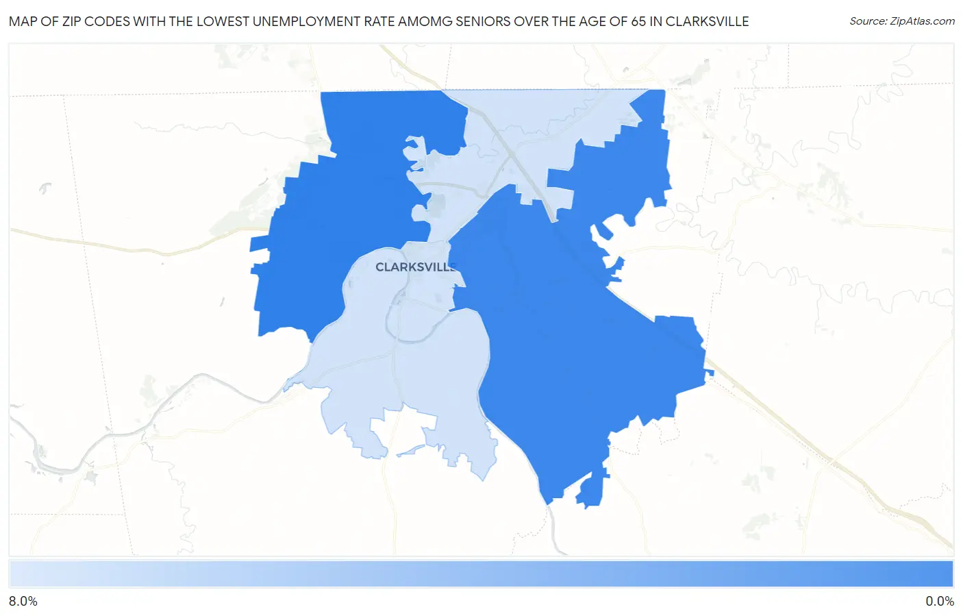 Zip Codes with the Lowest Unemployment Rate Amomg Seniors Over the Age of 65 in Clarksville Map