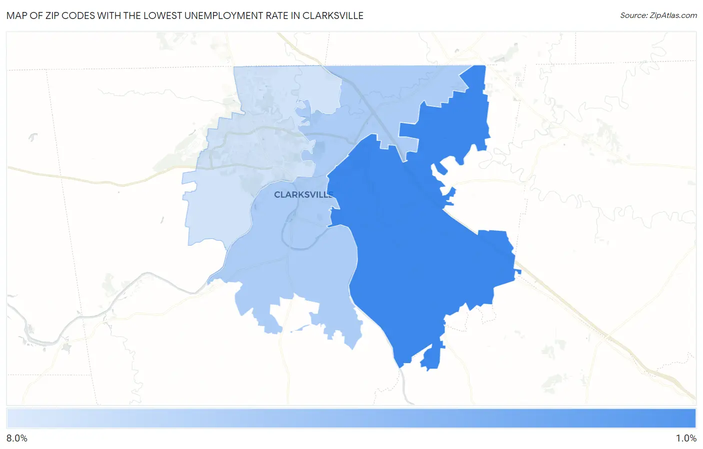 Zip Codes with the Lowest Unemployment Rate in Clarksville Map