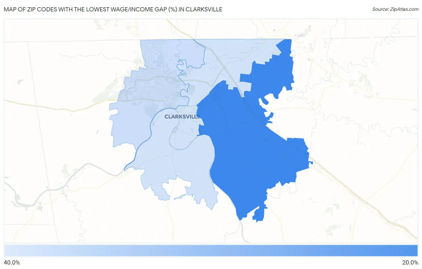 Zip Codes with the Lowest Wage/Income Gap (%) in Clarksville Map