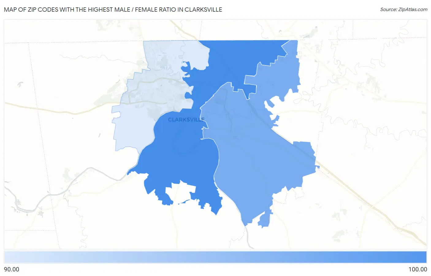 Zip Codes with the Highest Male / Female Ratio in Clarksville Map