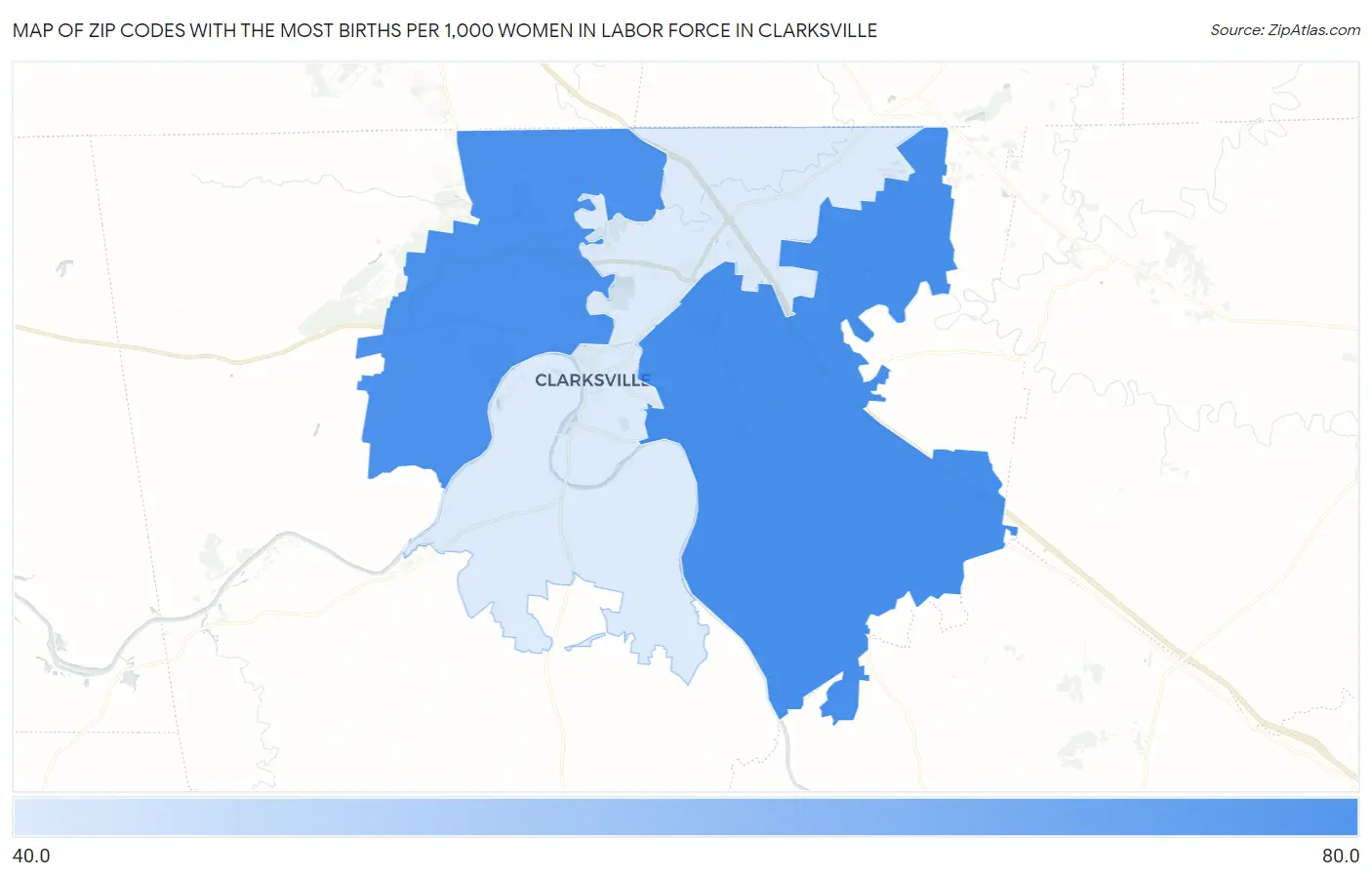 Zip Codes with the Most Births per 1,000 Women in Labor Force in Clarksville Map