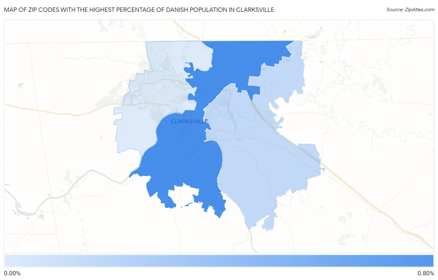 Zip Codes with the Highest Percentage of Danish Population in Clarksville Map