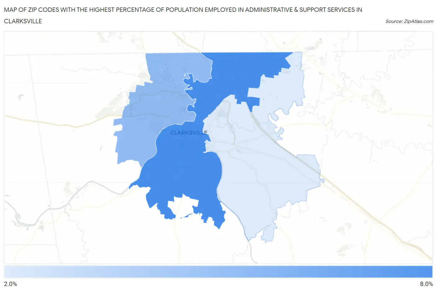 Zip Codes with the Highest Percentage of Population Employed in Administrative & Support Services in Clarksville Map