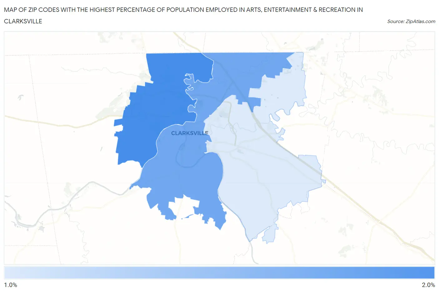 Zip Codes with the Highest Percentage of Population Employed in Arts, Entertainment & Recreation in Clarksville Map