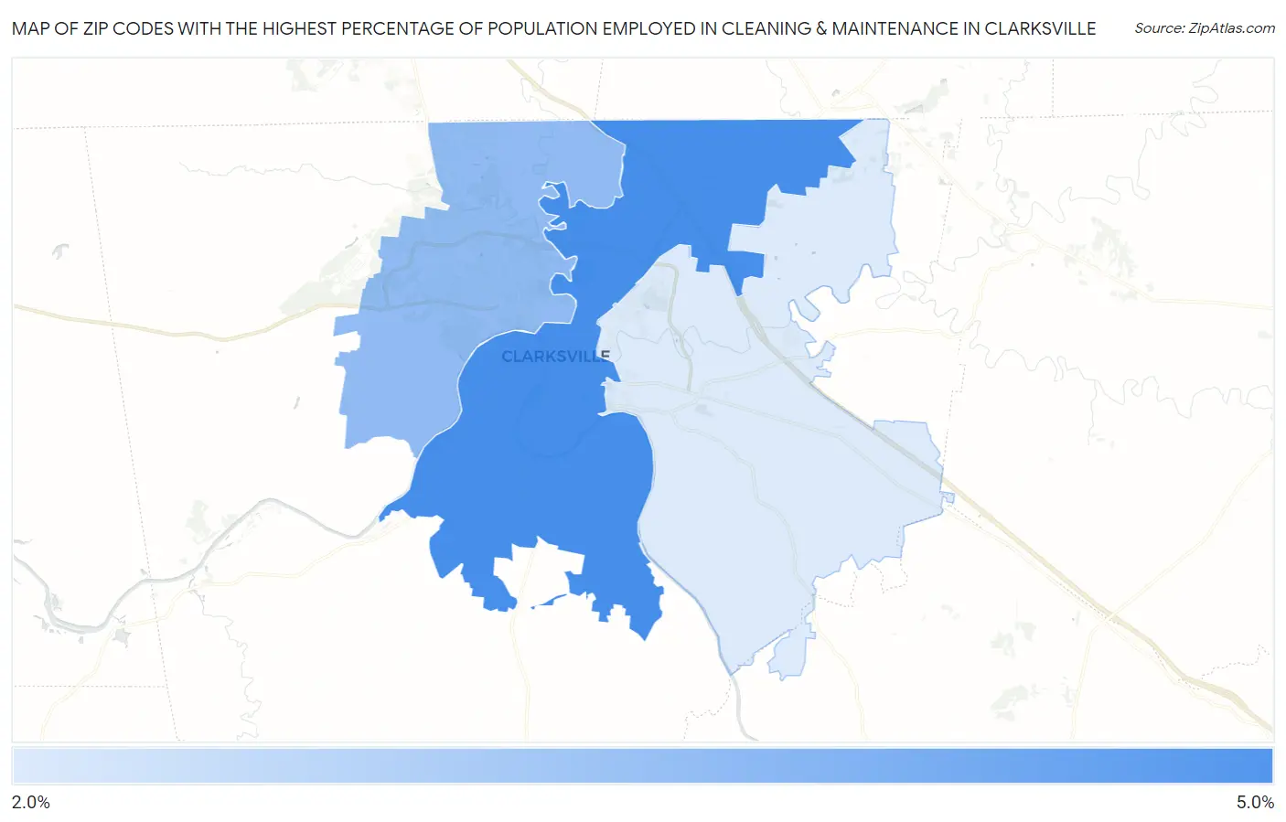 Zip Codes with the Highest Percentage of Population Employed in Cleaning & Maintenance in Clarksville Map