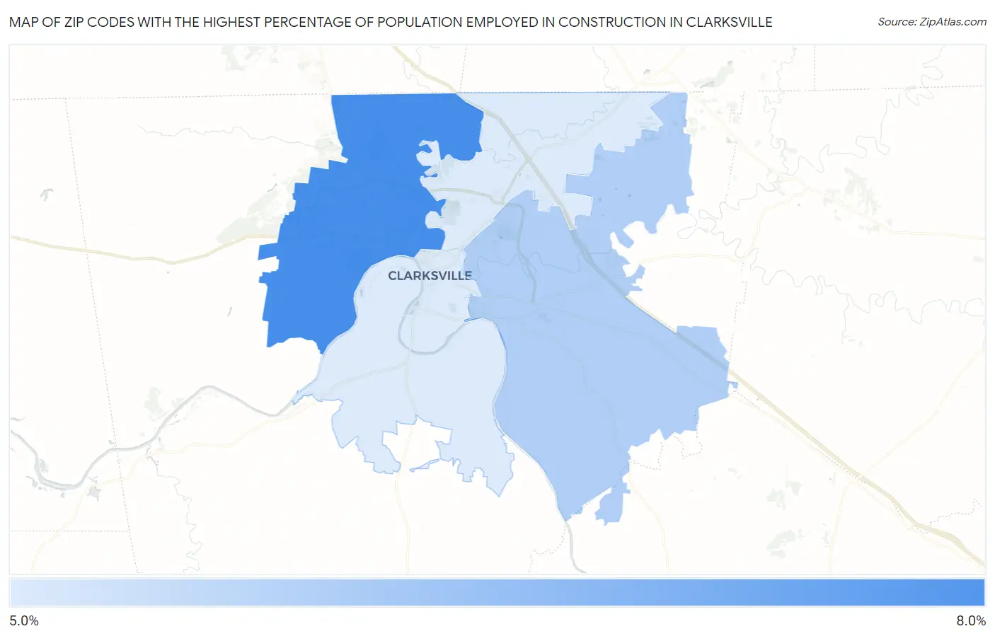 Zip Codes with the Highest Percentage of Population Employed in Construction in Clarksville Map