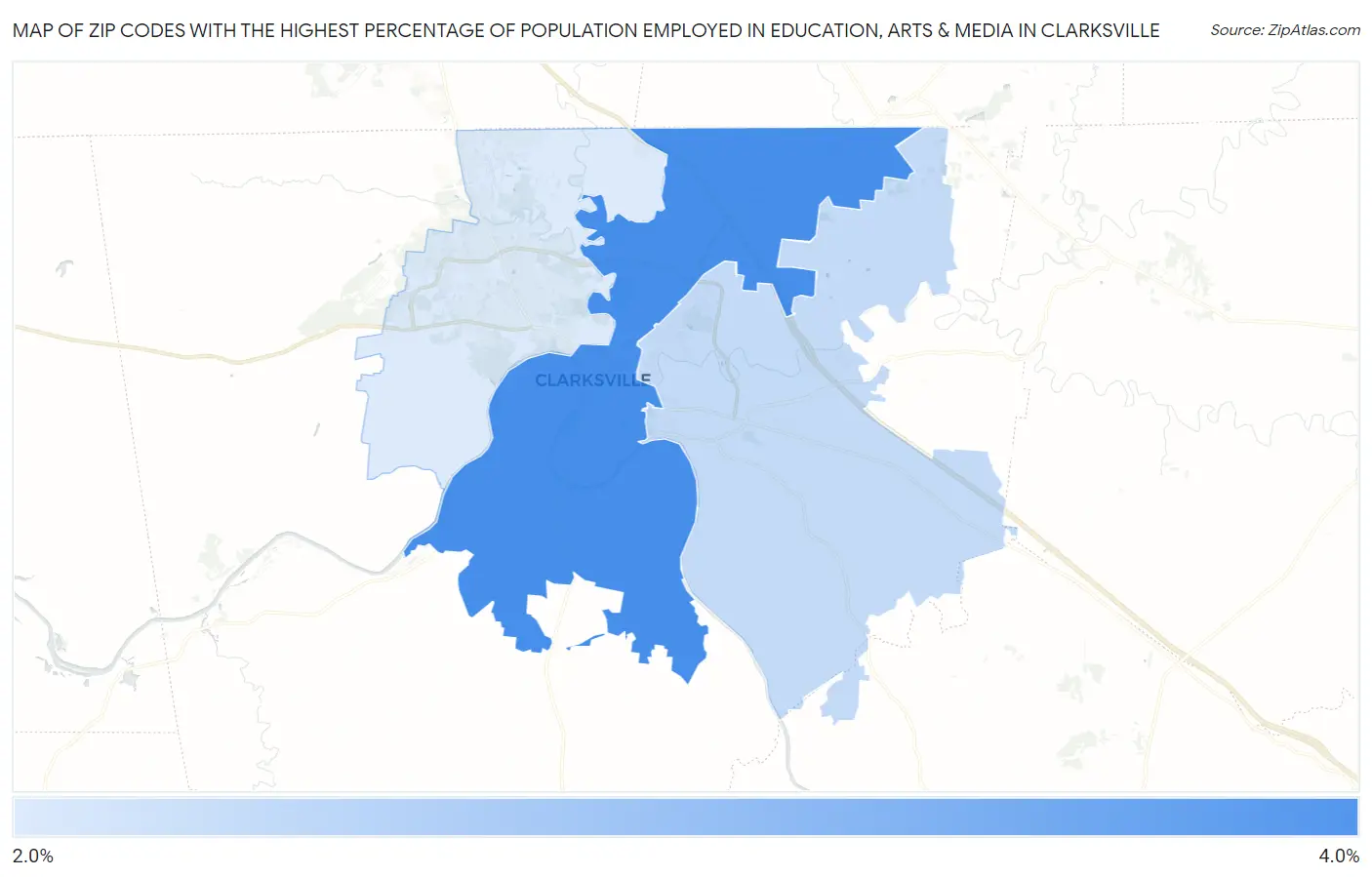 Zip Codes with the Highest Percentage of Population Employed in Education, Arts & Media in Clarksville Map