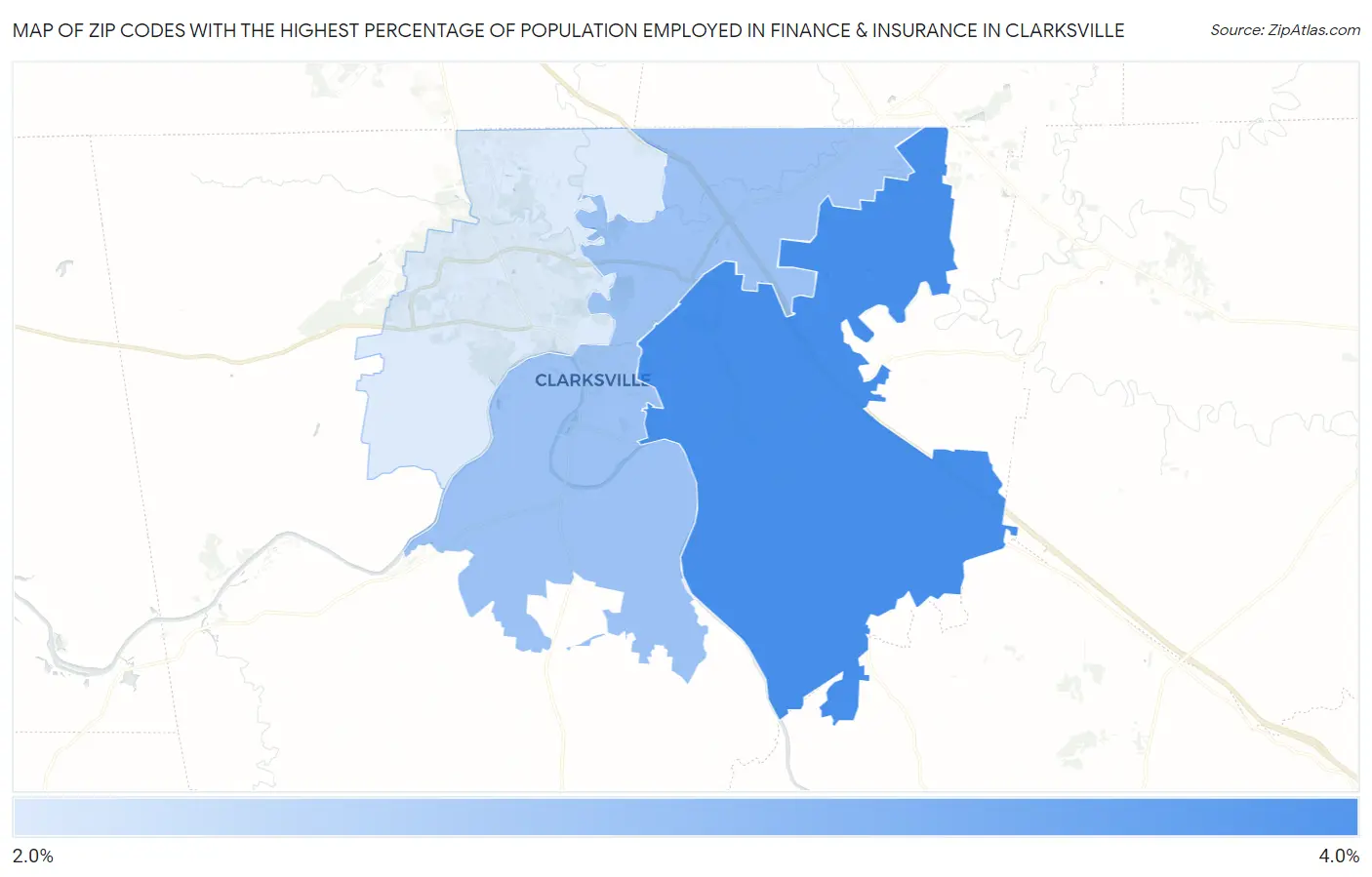 Zip Codes with the Highest Percentage of Population Employed in Finance & Insurance in Clarksville Map