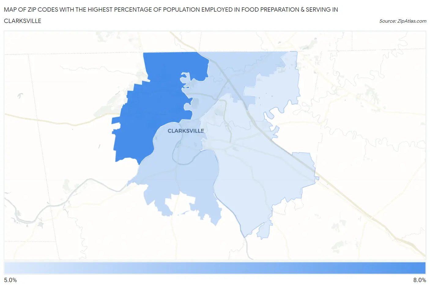 Zip Codes with the Highest Percentage of Population Employed in Food Preparation & Serving in Clarksville Map