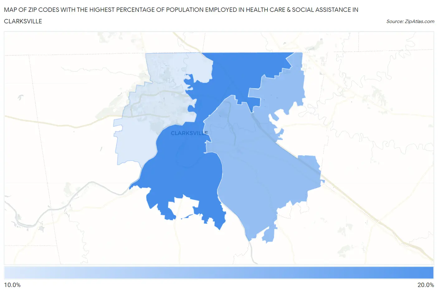 Zip Codes with the Highest Percentage of Population Employed in Health Care & Social Assistance in Clarksville Map