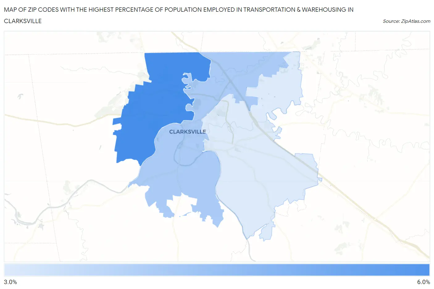 Zip Codes with the Highest Percentage of Population Employed in Transportation & Warehousing in Clarksville Map