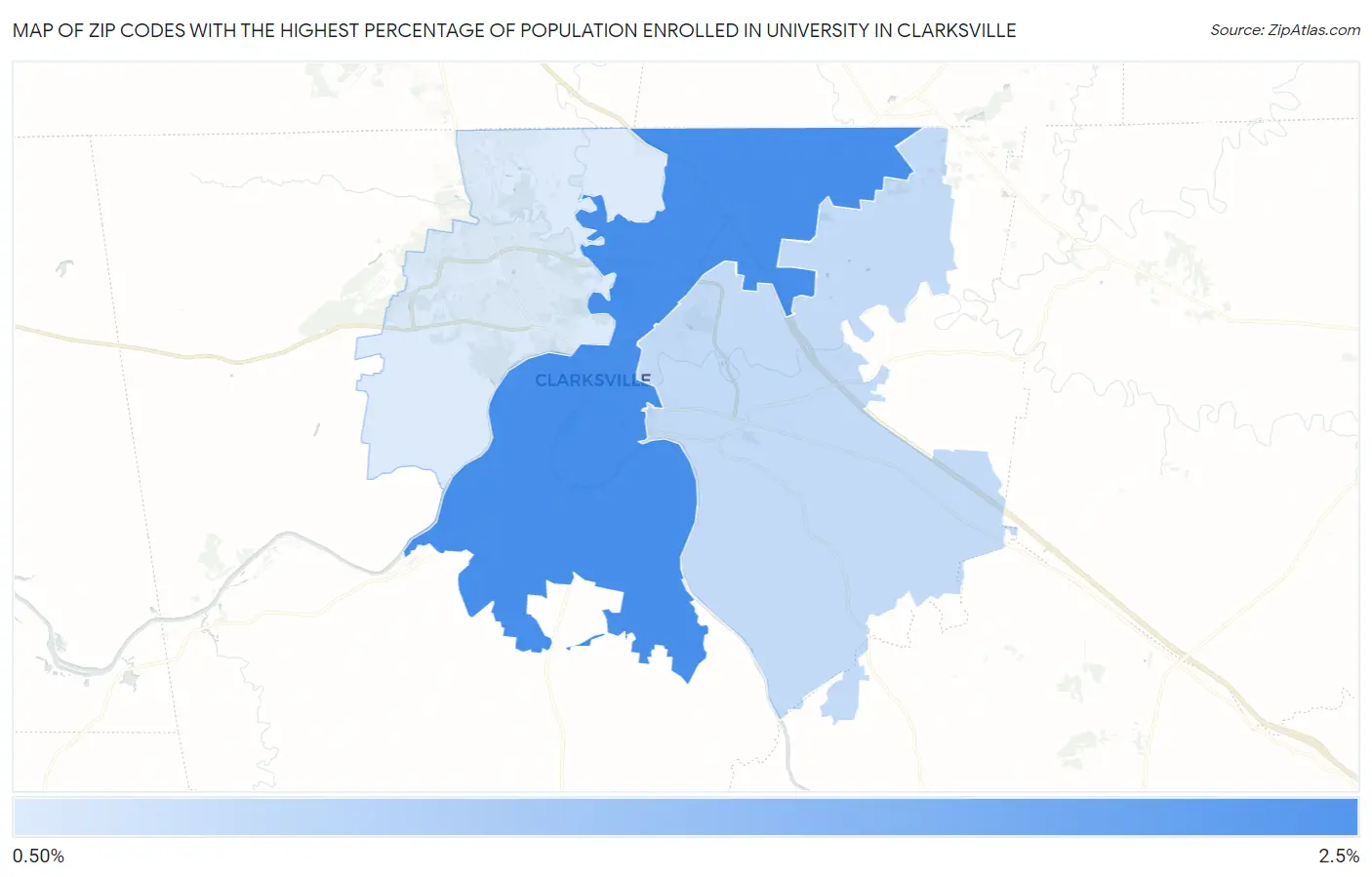Zip Codes with the Highest Percentage of Population Enrolled in University in Clarksville Map