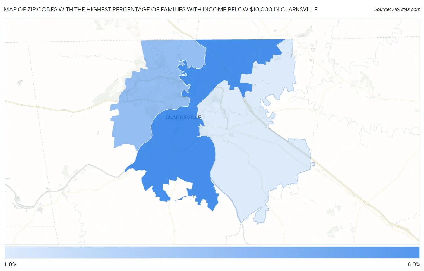 Zip Codes with the Highest Percentage of Families with Income Below $10,000 in Clarksville Map
