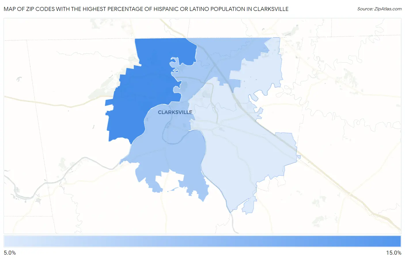 Zip Codes with the Highest Percentage of Hispanic or Latino Population in Clarksville Map