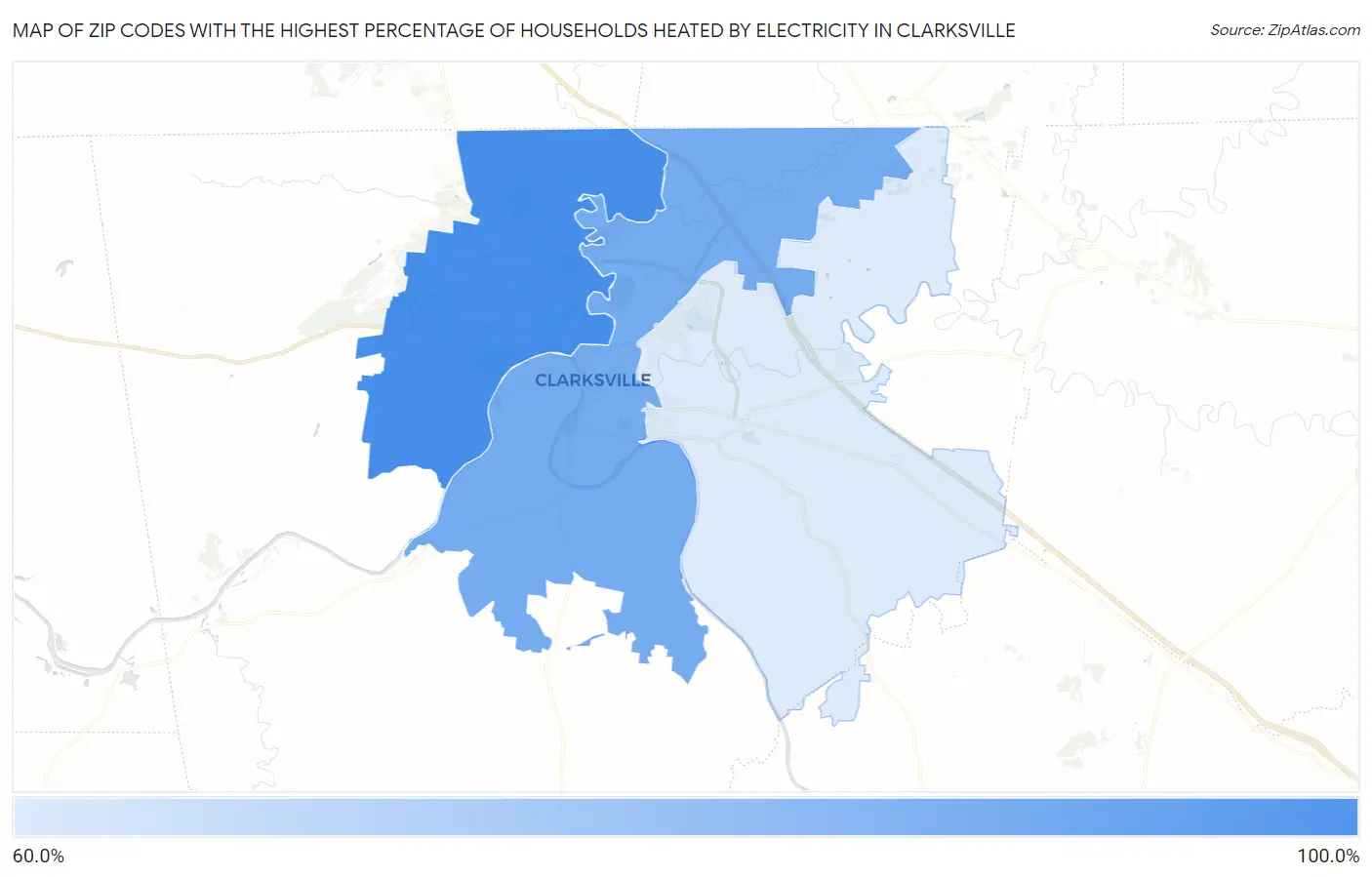 Zip Codes with the Highest Percentage of Households Heated by Electricity in Clarksville Map