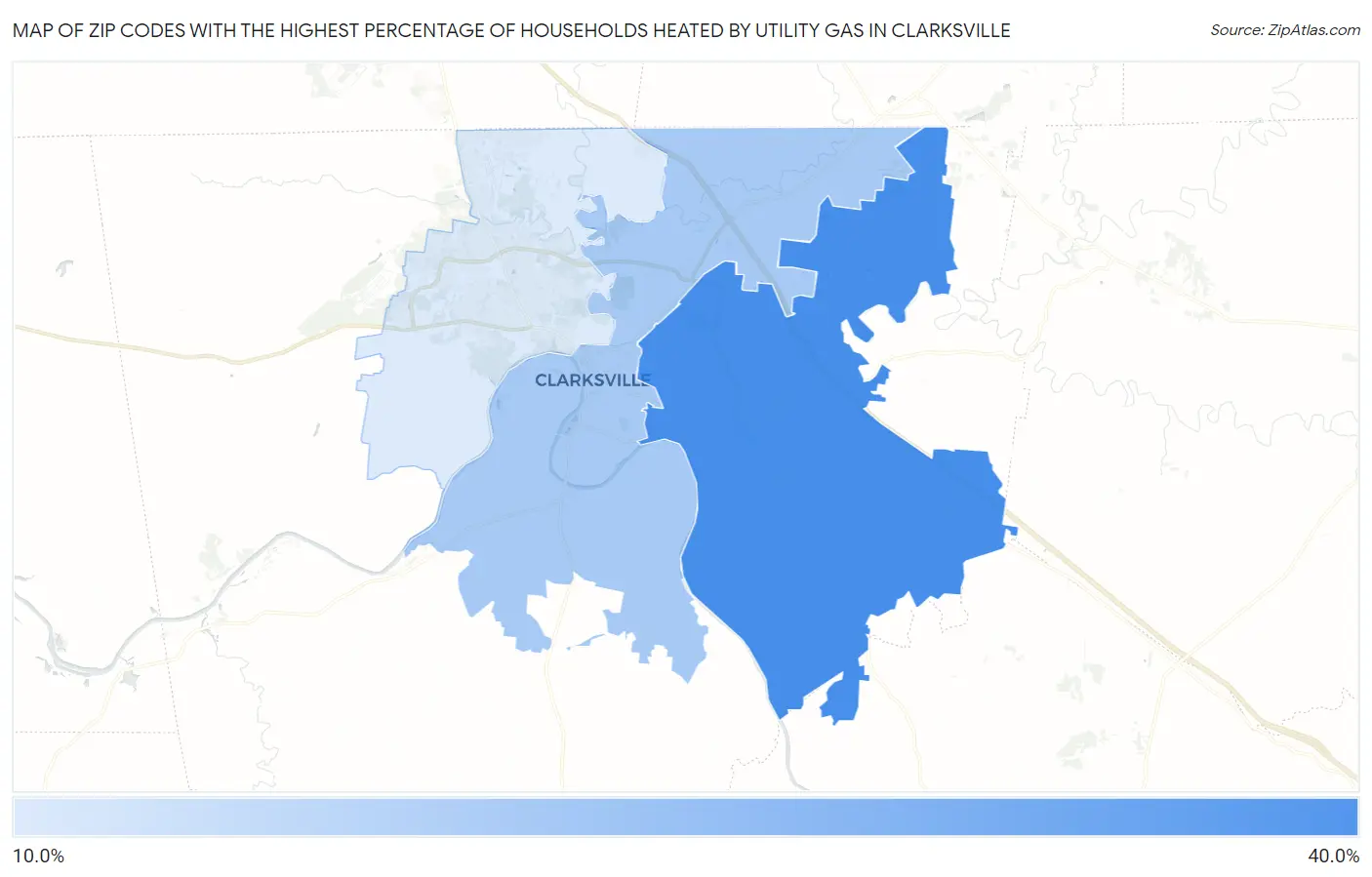 Zip Codes with the Highest Percentage of Households Heated by Utility Gas in Clarksville Map