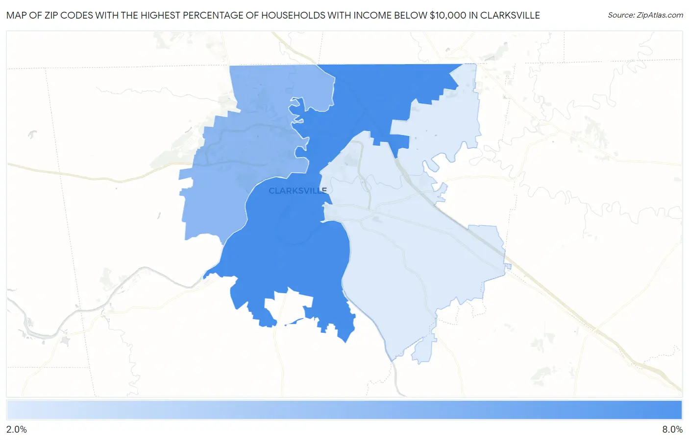 Zip Codes with the Highest Percentage of Households with Income Below $10,000 in Clarksville Map