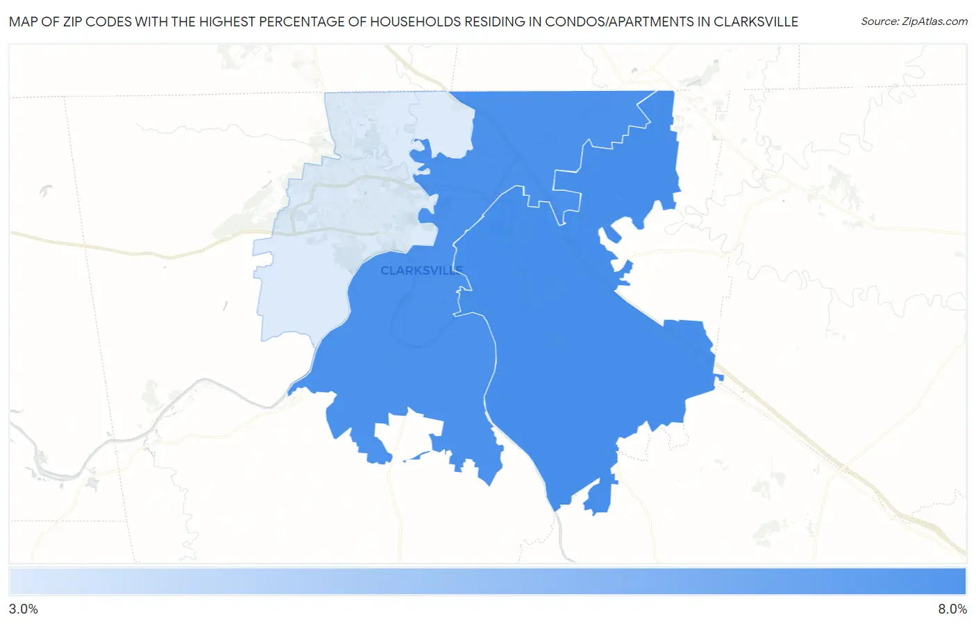 Zip Codes with the Highest Percentage of Households Residing in Condos/Apartments in Clarksville Map