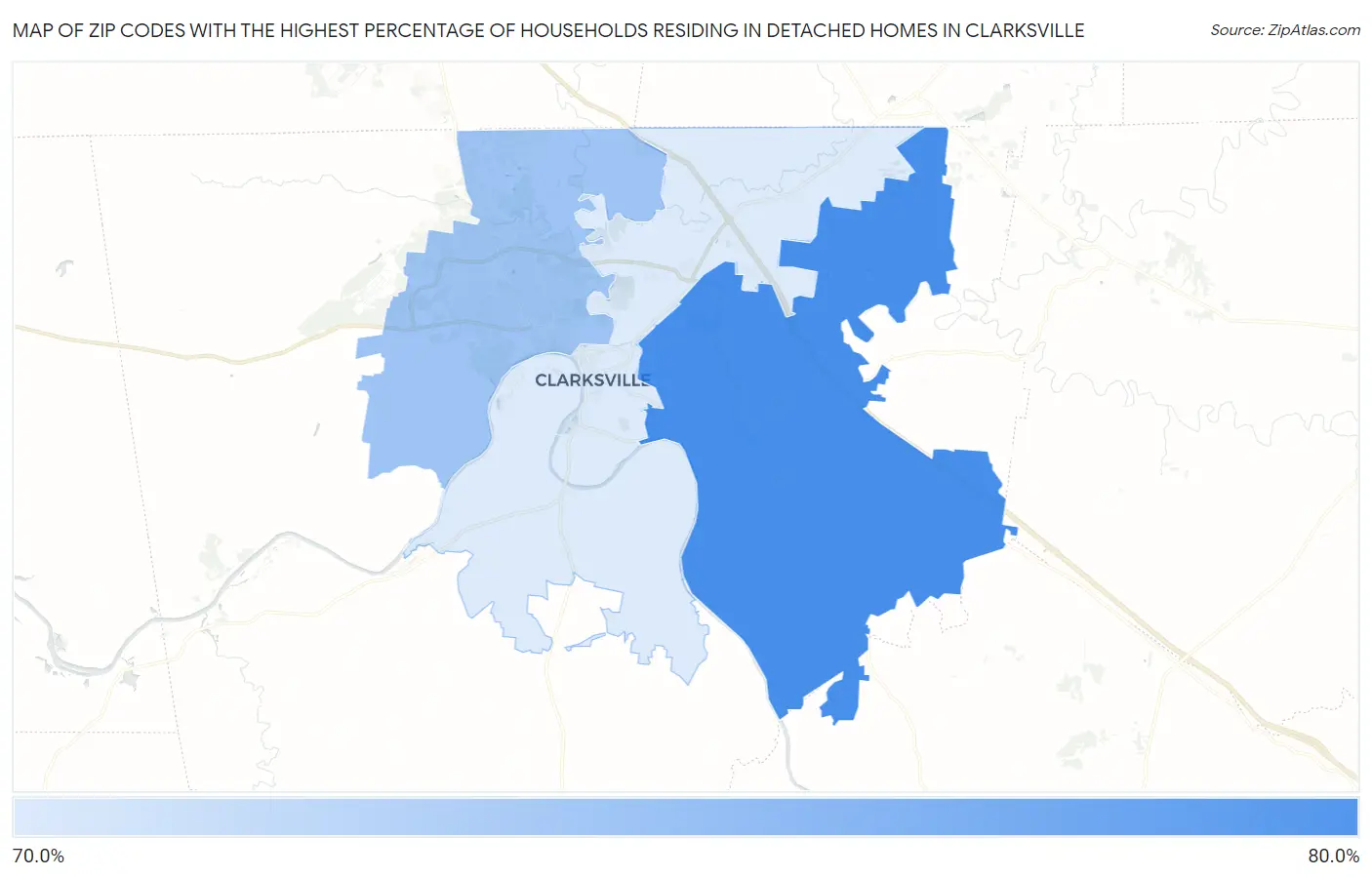 Zip Codes with the Highest Percentage of Households Residing in Detached Homes in Clarksville Map