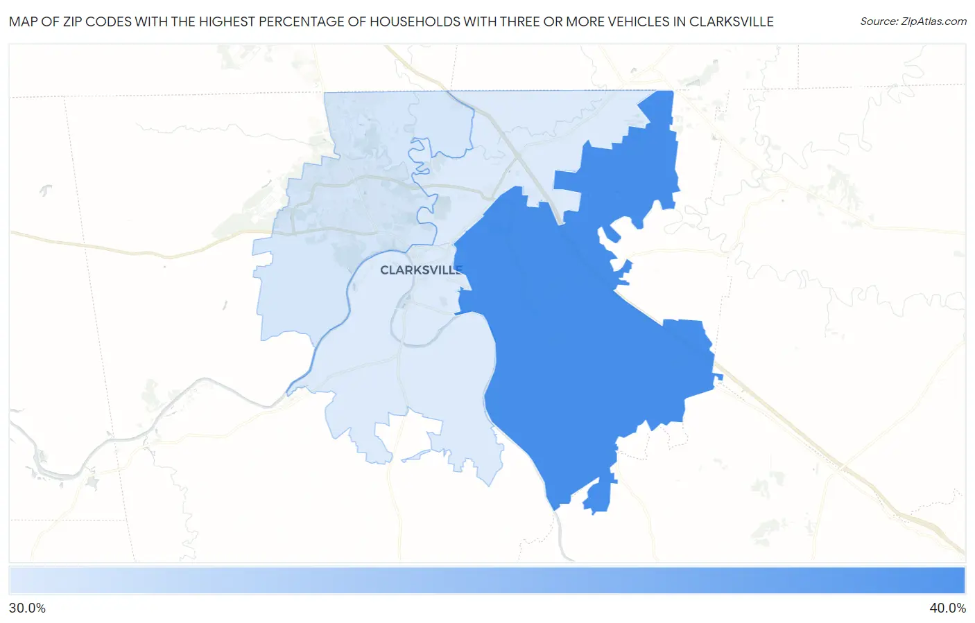 Zip Codes with the Highest Percentage of Households With Three or more Vehicles in Clarksville Map