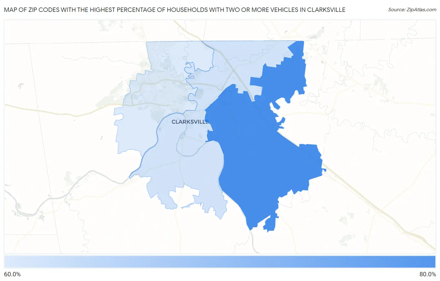 Zip Codes with the Highest Percentage of Households With Two or more Vehicles in Clarksville Map