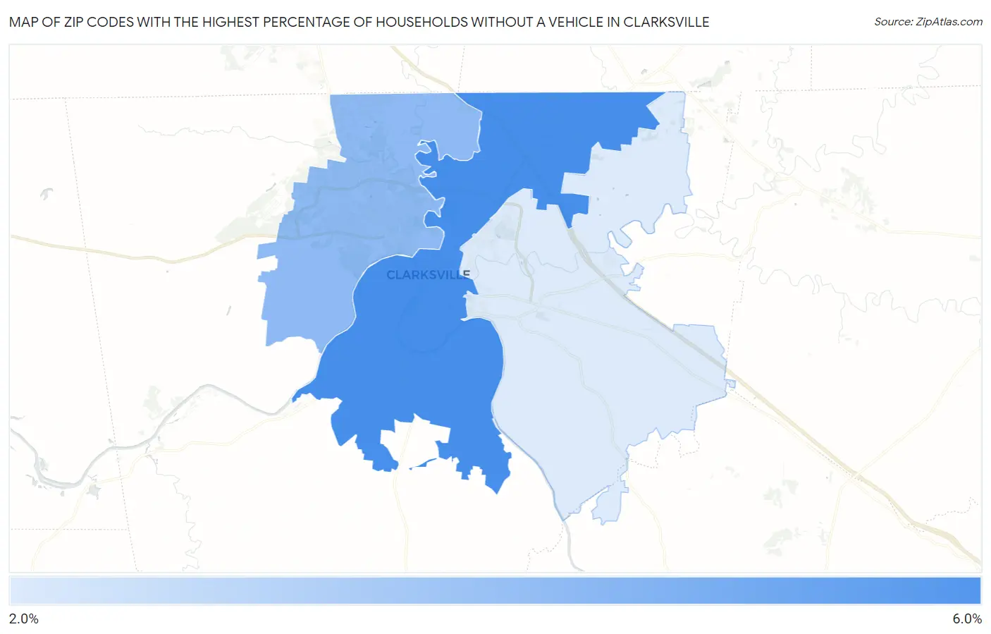 Zip Codes with the Highest Percentage of Households Without a Vehicle in Clarksville Map