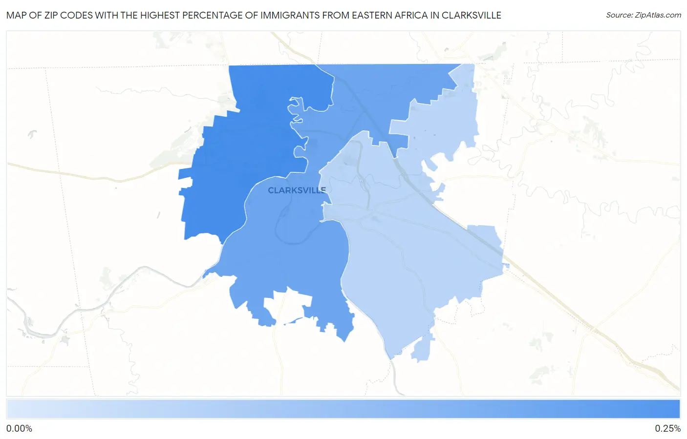 Zip Codes with the Highest Percentage of Immigrants from Eastern Africa in Clarksville Map