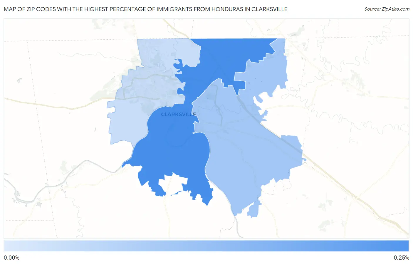 Zip Codes with the Highest Percentage of Immigrants from Honduras in Clarksville Map