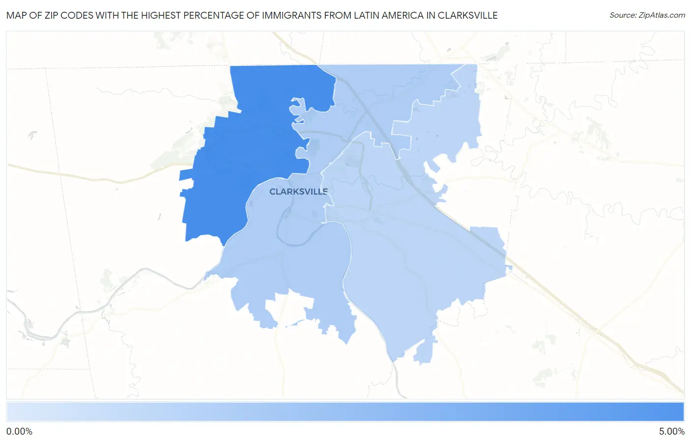 Zip Codes with the Highest Percentage of Immigrants from Latin America in Clarksville Map