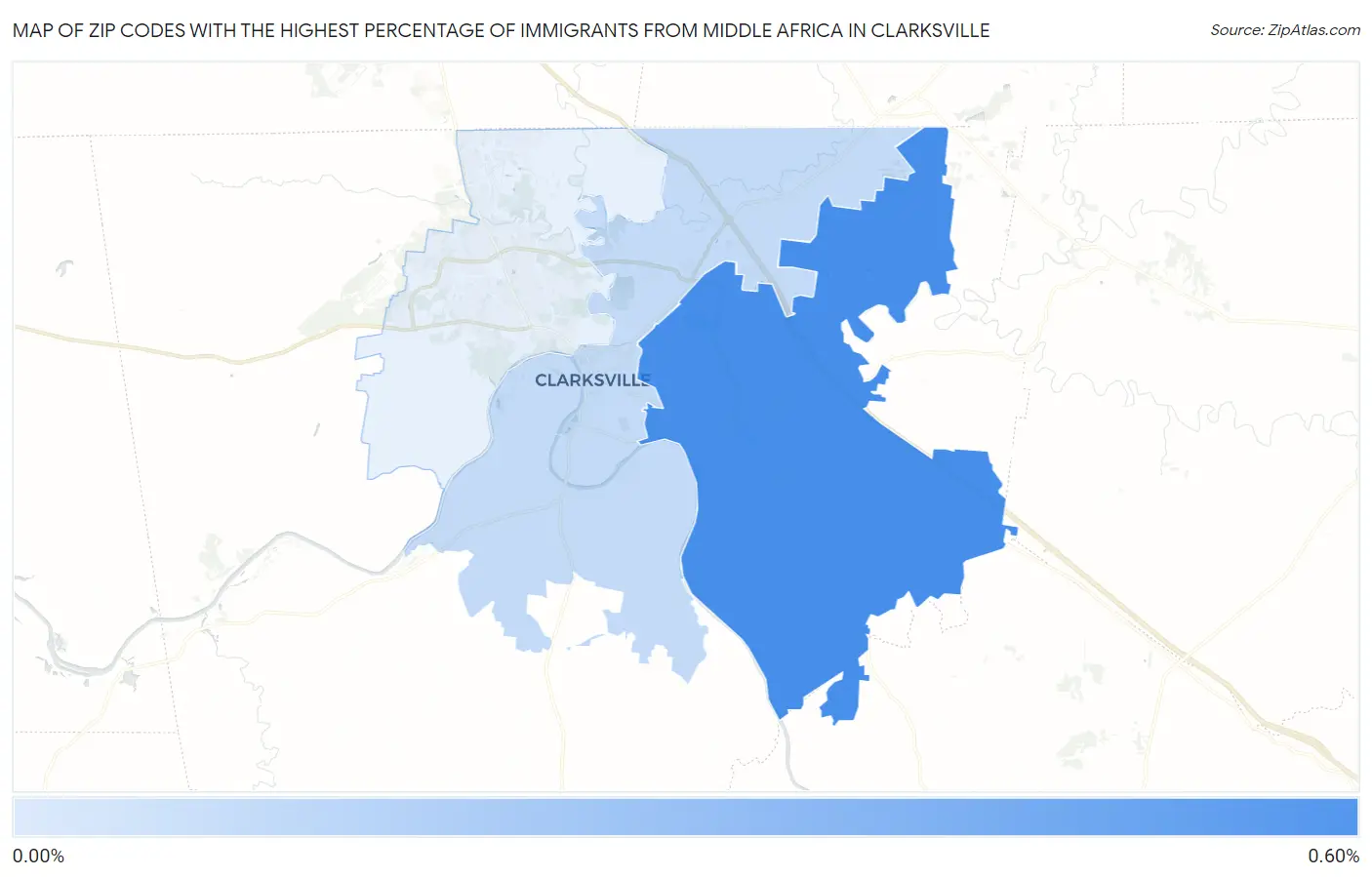 Zip Codes with the Highest Percentage of Immigrants from Middle Africa in Clarksville Map