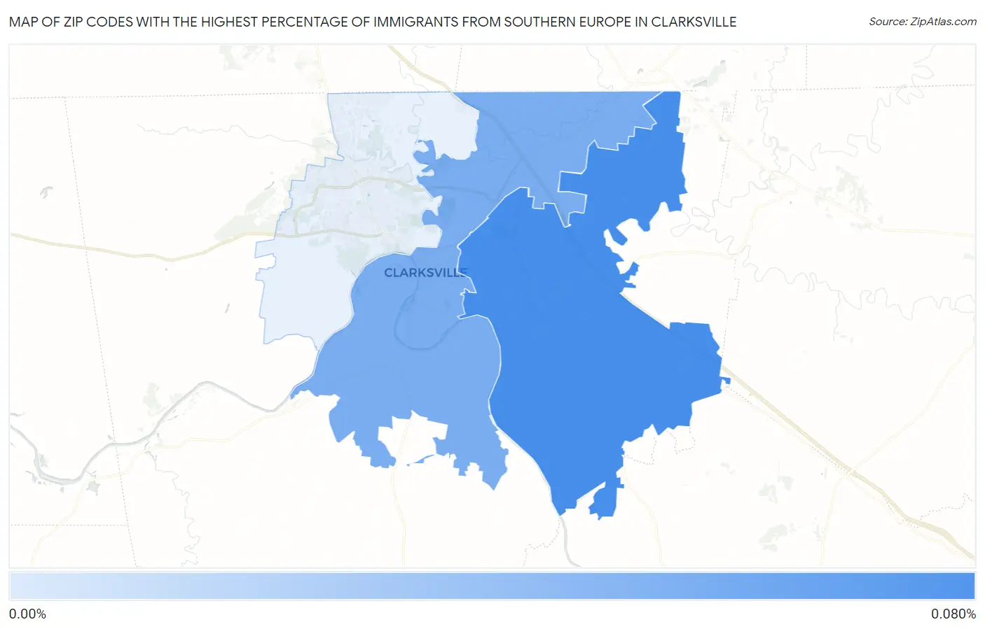 Zip Codes with the Highest Percentage of Immigrants from Southern Europe in Clarksville Map