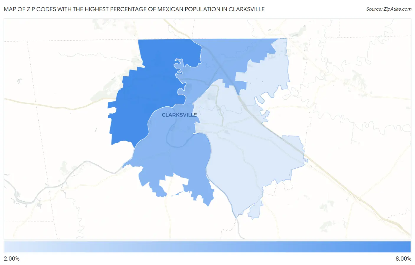 Zip Codes with the Highest Percentage of Mexican Population in Clarksville Map