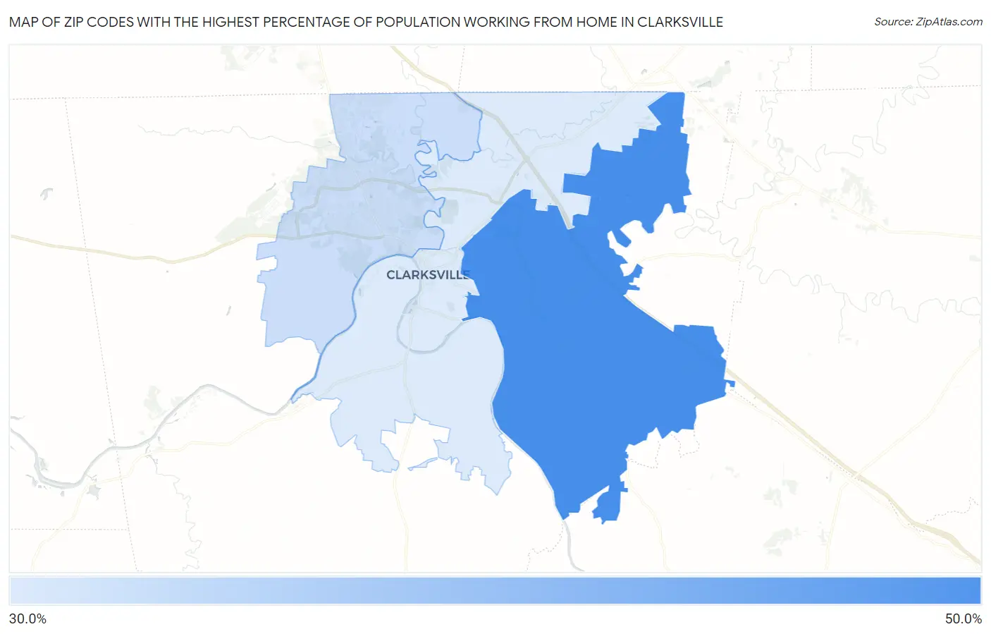 Zip Codes with the Highest Percentage of Population Working from Home in Clarksville Map