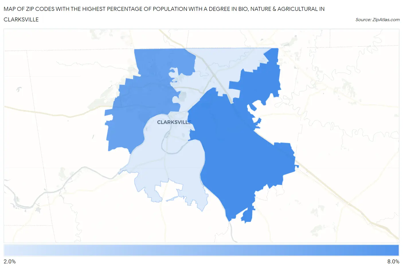 Zip Codes with the Highest Percentage of Population with a Degree in Bio, Nature & Agricultural in Clarksville Map